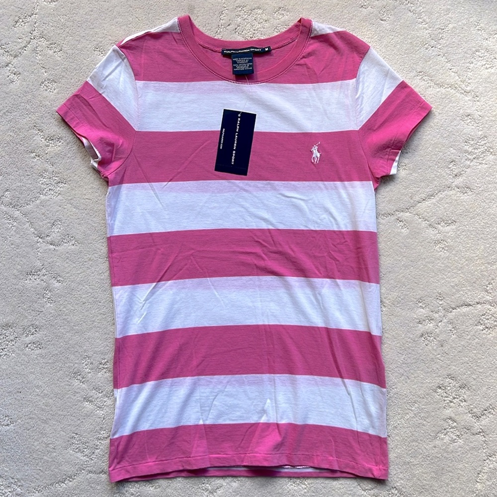 NWT Pink & White Strip Crewneck Ralph Lauren Tee w/WHITE Embroidered Pony